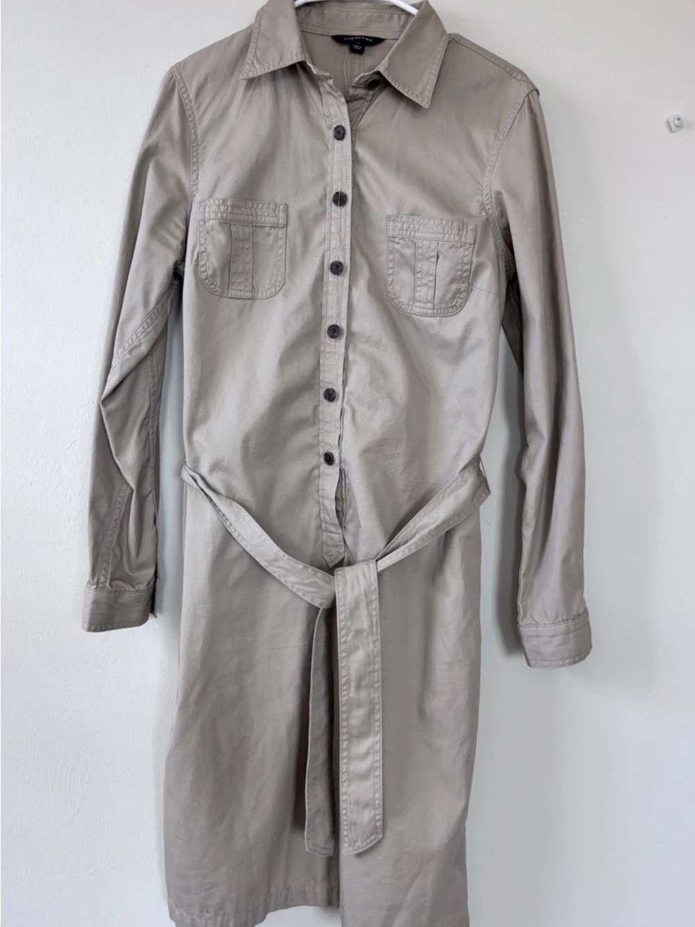 Lands’ End Women’s Size 10 Dress Khaki Tan Button Down Long Sleeve Tie